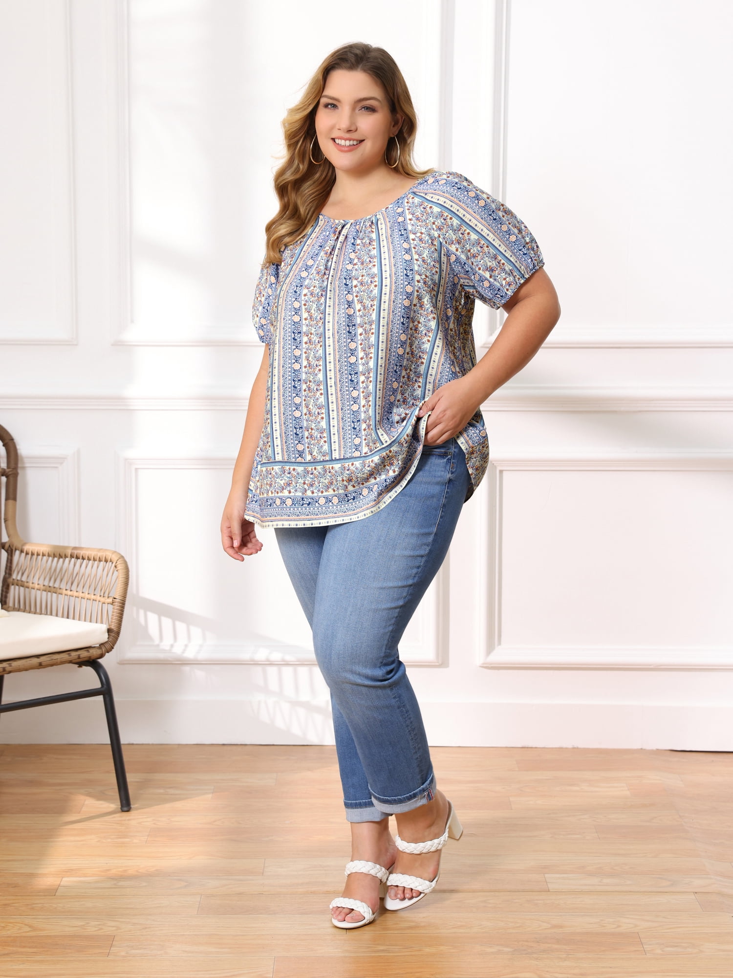 DARING DIVA Women's Plus Boho Floral Round Neck Puff Sleeve Blouse 2X Royal Blue