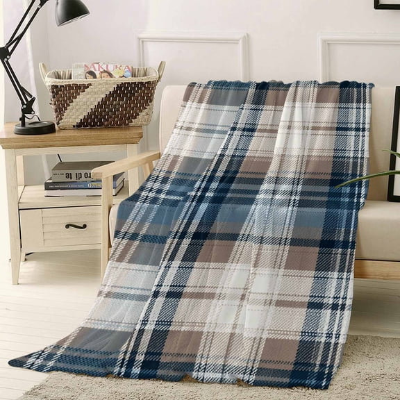 Throw Blanket Fleece Throw Blanket 40x50in, Vintage Geometric Plaid Soft Lightweight Bed Blankets Blue Brown Color Block Fuzzy Couch Blankets for All Season