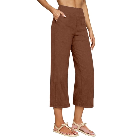 ZACPNCV Womens Linen Cotton Cropped Pants High Waisted Straight Leg Relaxed 7/8 Length Trousers with Pockets