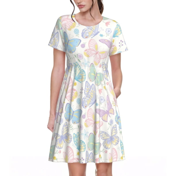 Balery Colorful Butterfly Vestidos sueltos de manga corta para mujer, vestidos de verano 2025, vestidos casuales de corte A con vuelo.