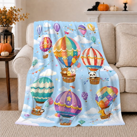 Starry Sky Cloud Cartoon Hot Air Balloon, Playful Woodland Scene, Warm Flannel Blanket for Cabin and Lodge, Wildlife Lovers Housewarming Gift, Celestial Home Decor