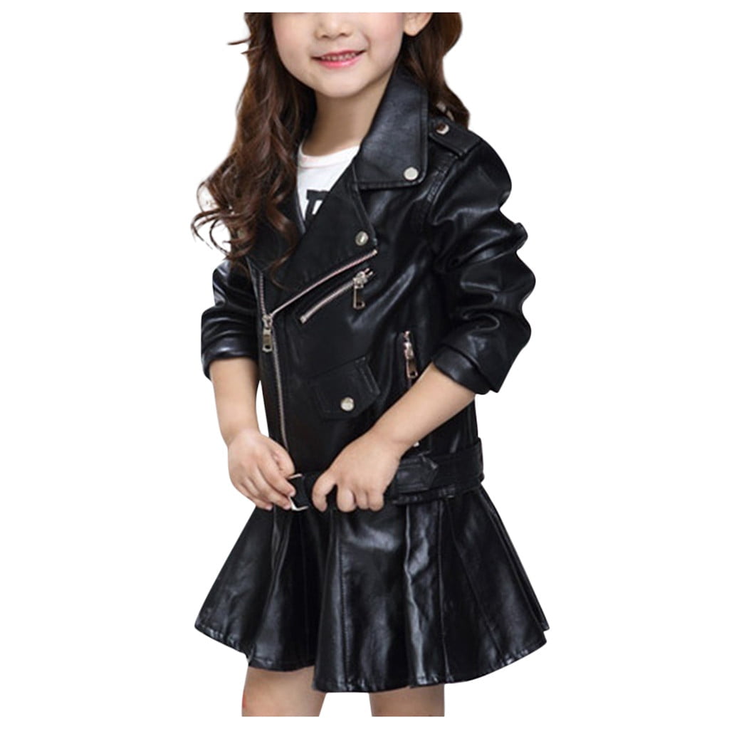 ATOGUTA Girls' Outerwear Jackets & Coats Children's Motorcycle Faux Leather Zipper Coat Black, Size 3T-13