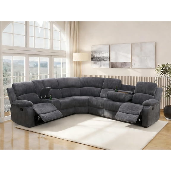 Manual Recliner Sectional Sofa, L-Shaped Reclining Couch with Cup Holders & Storage, Corduroy Corner Sofa Set for Living Room, Apartment & Office, Dark Grey