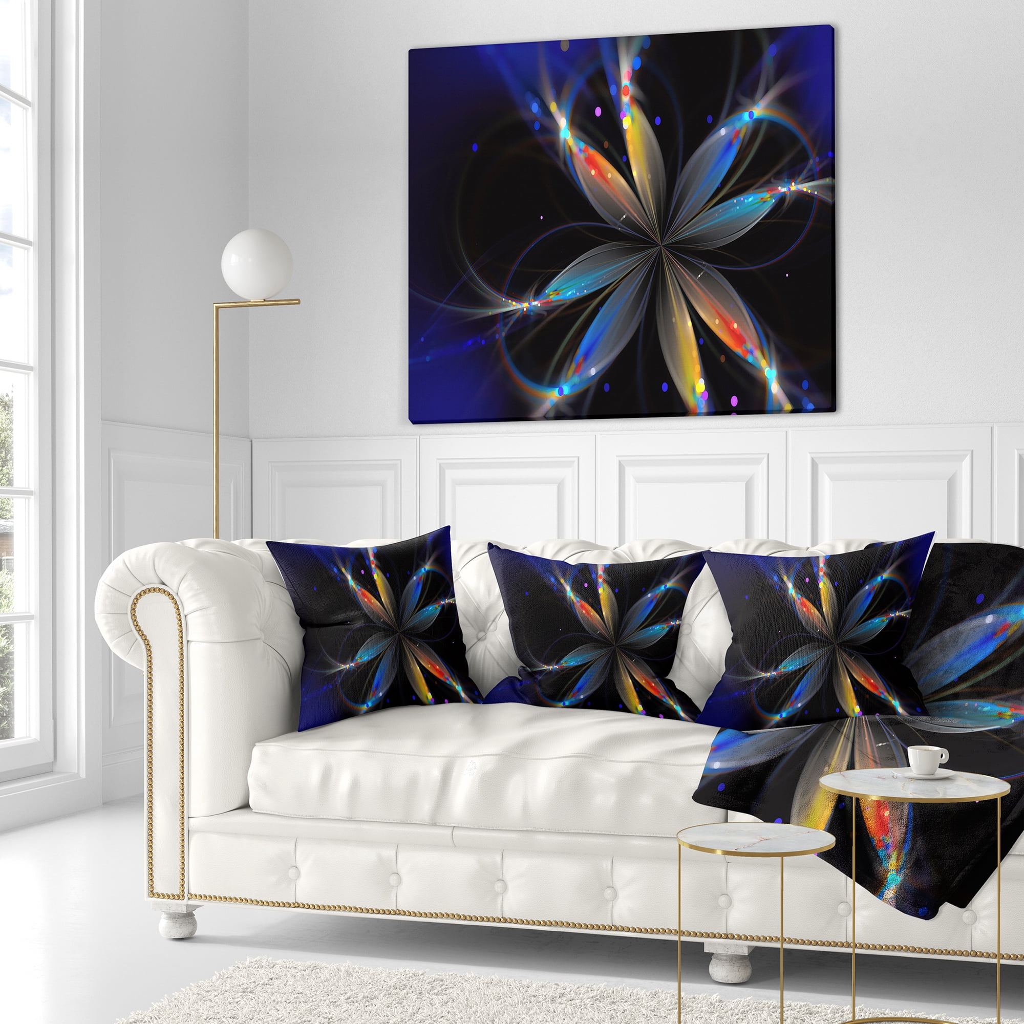 Designart Abstract Fractal Flower on Black - Floral Throw Pillow - 18x18