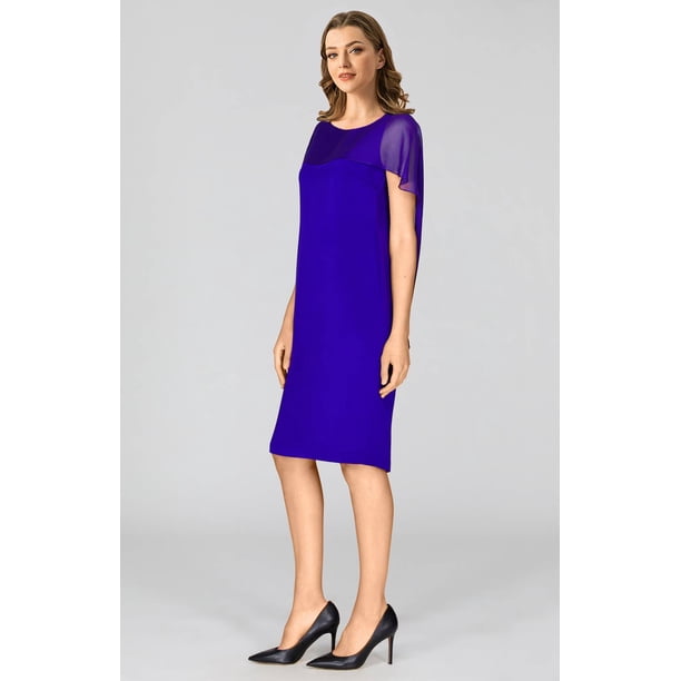 Women Elegant Royal Blue Chiffon Midi Dress Round Neck Sheer Cape Flutter Sleeve Knee Length Semi Formal Dress