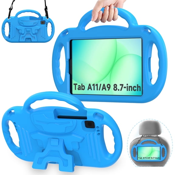 BMOUO Kids Case for Samsung Galaxy Tab A11 8.7 Inch 2025 / A9 8.7" 2023 / A7 Lite 8.7” 2021, with Shoulder Strap Lightweight, Shockproof Handle Stand Protective Cover, Blue