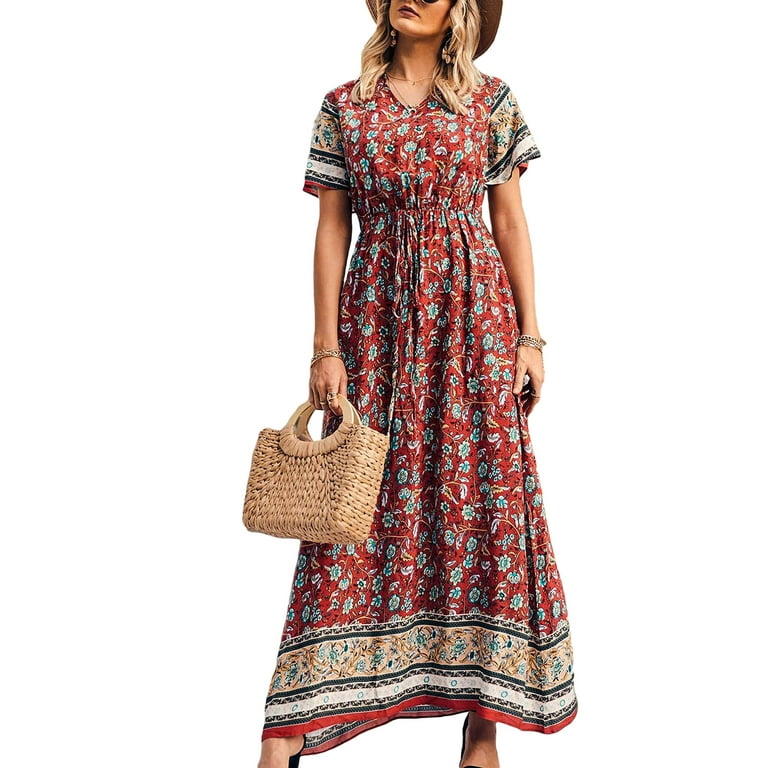 Cotton Short sleeve Elastic waist V neck Maxi Dresses Cotton Short sleeve Elastic waist V neck Maxi Dresses