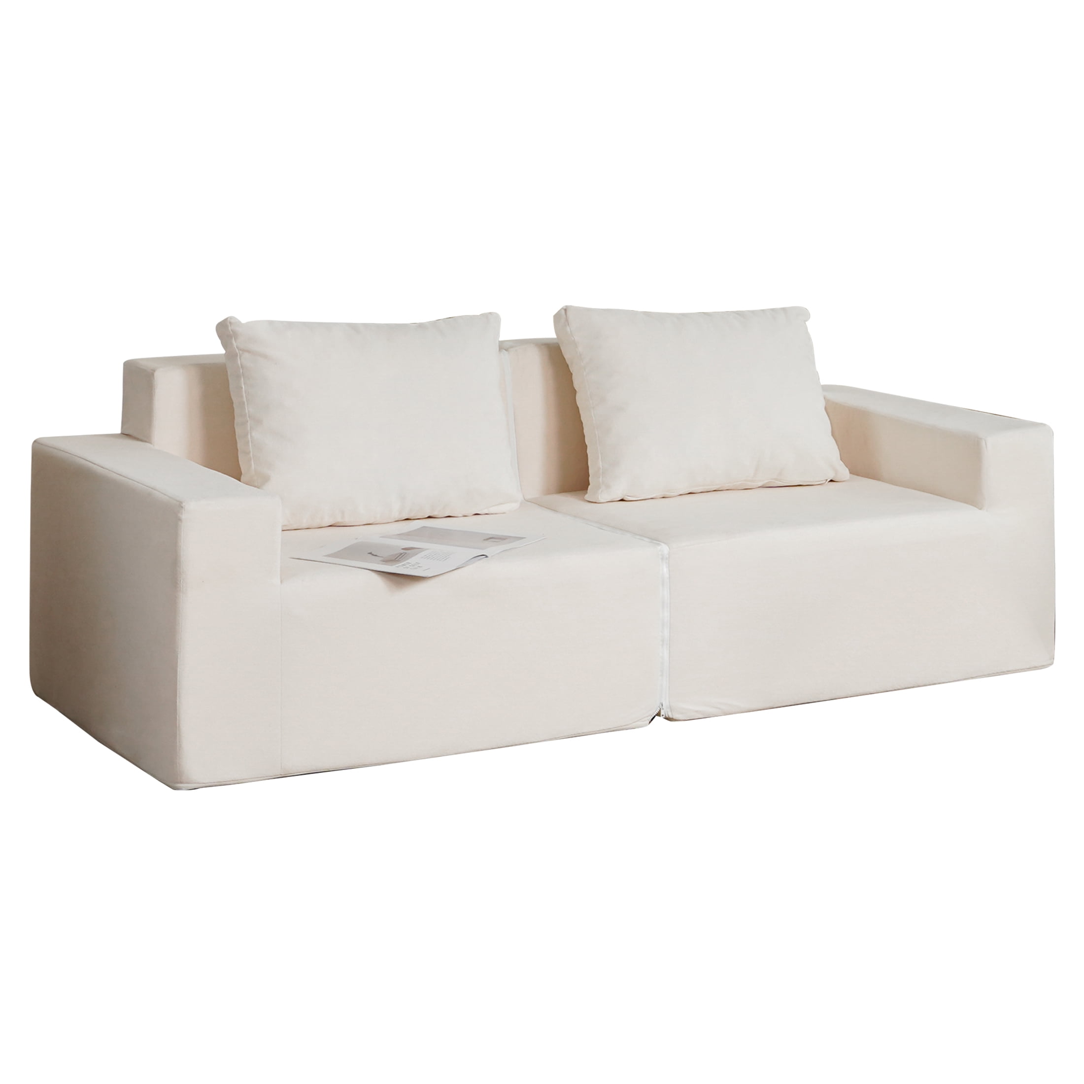 Aukfa 74" Sponge Loveseat Sofa, 2pcs Modular Sofa Chair with 2 Pillows, Assemble Free, White