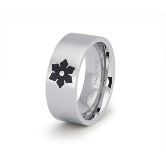 Tioneer Stainless Steel Black Floral Enamel Wedding Band Ring