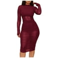 thumbnail image 2 of Women Casual Outfits Sets 3PCS Outfit Long Sleeve Sheer Ruched Mesh Dress with Vest and Shorts, 2 of 2