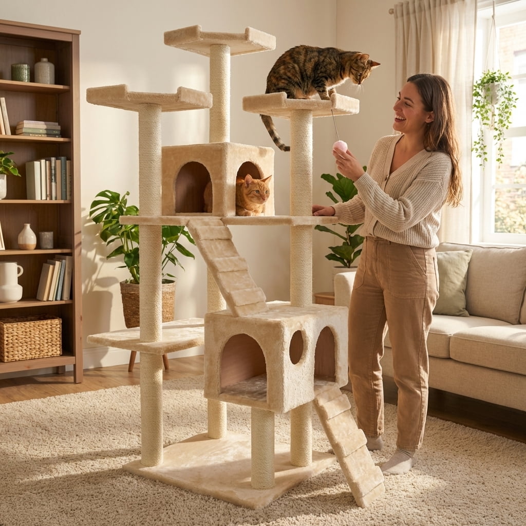 Multi-Level Cat Tree Tower with Sisal Scratching Posts, 2 Condos, Plush Fabric, Beige, 74 Inches Tall