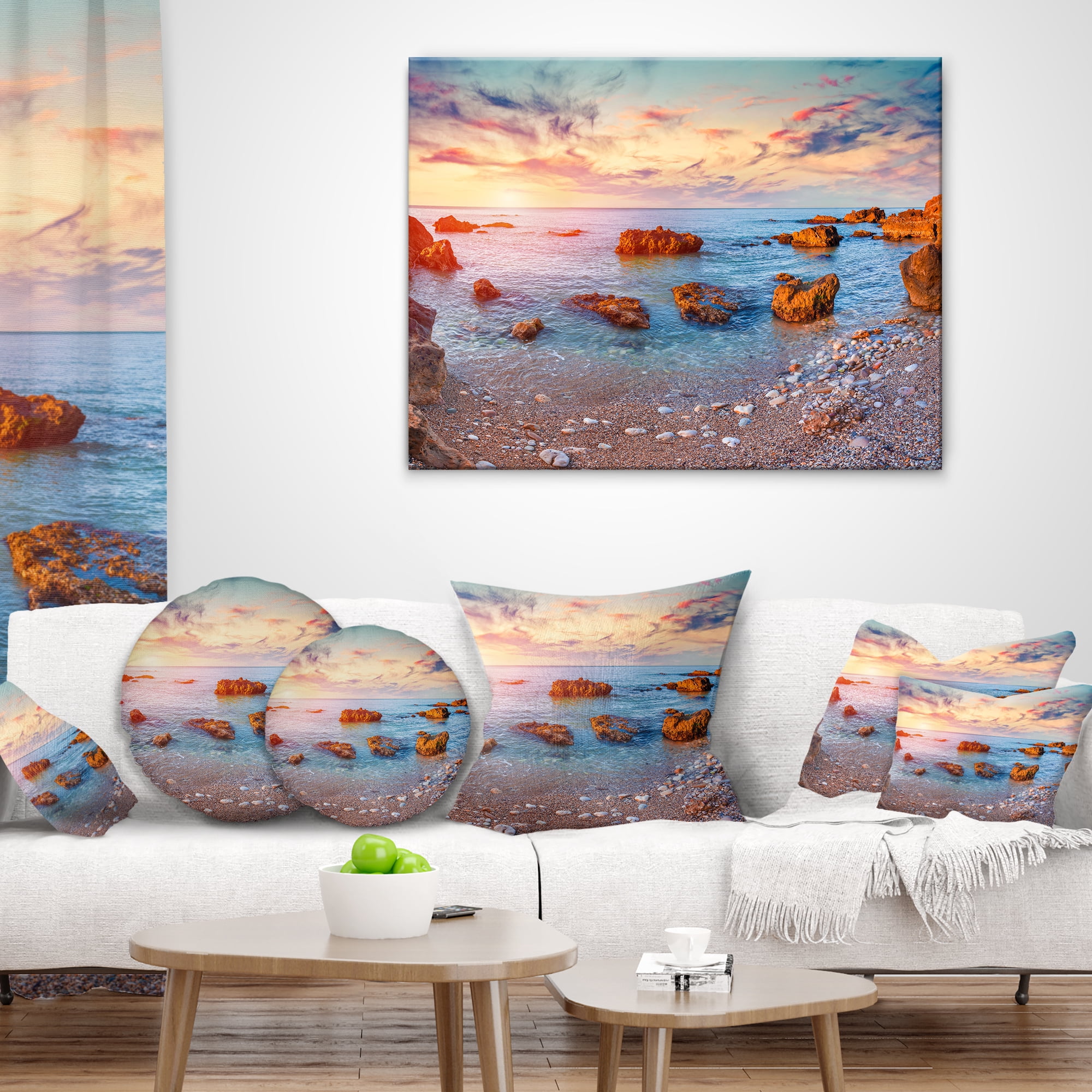 Designart Mediterranean Sea Sunrise - Seashore Photography Throw Pillow - 12x20