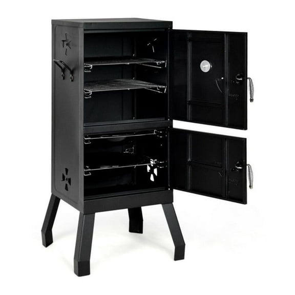 Outdoor Barbecue Grill, 2-Tier Charcoal Smoker with Temperature Gauge, Large Capacity Grill for Patio, Backyard, Camping, Dual Door Design, Easy to Use