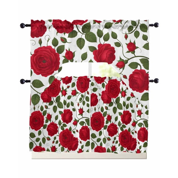 Red Roses Swag Kitchen Curtains Sets for Windows 24 Inch Length, Valentine's Day Flowers Leaves Romantic Short Window Curtain Panels Swags Valances and Tiers 3 Piece Set for Cafe/Dining Room