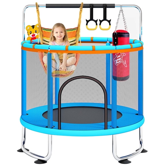 AZEQWV 55-inch children's trampoline with safety enclosure, four-position adjustable gymnastics bar, and toys. Supports up to 600 lbs. Suitable for indoor and outdoor use. Ideal for toddlers and you