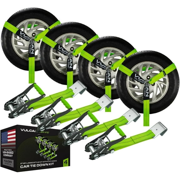 VULCAN Car Tie Down with Flat Hooks - Lasso Style - 2 Inch x 96 Inch - 4 Pack - High-Viz - 3,300 Pound Safe Working Load