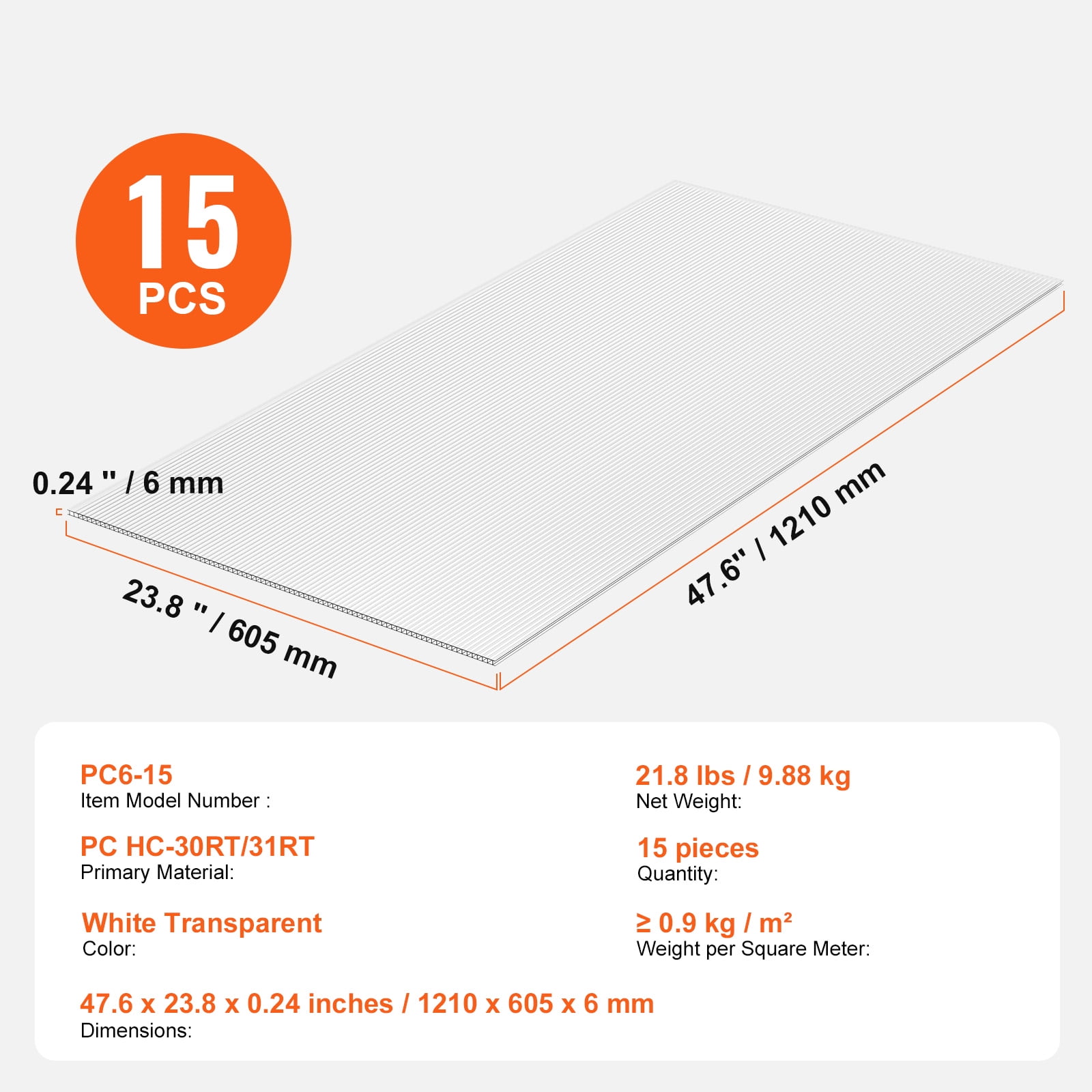KFFKFF Set of 15 Polycarbonate Greenhouse Panels, Measuring 2' X 4' X 0.24'', Waterproof and UV Protected Corrugated Plastic Roofing, Durable Clear Roofing Sheets with Impact Resistance