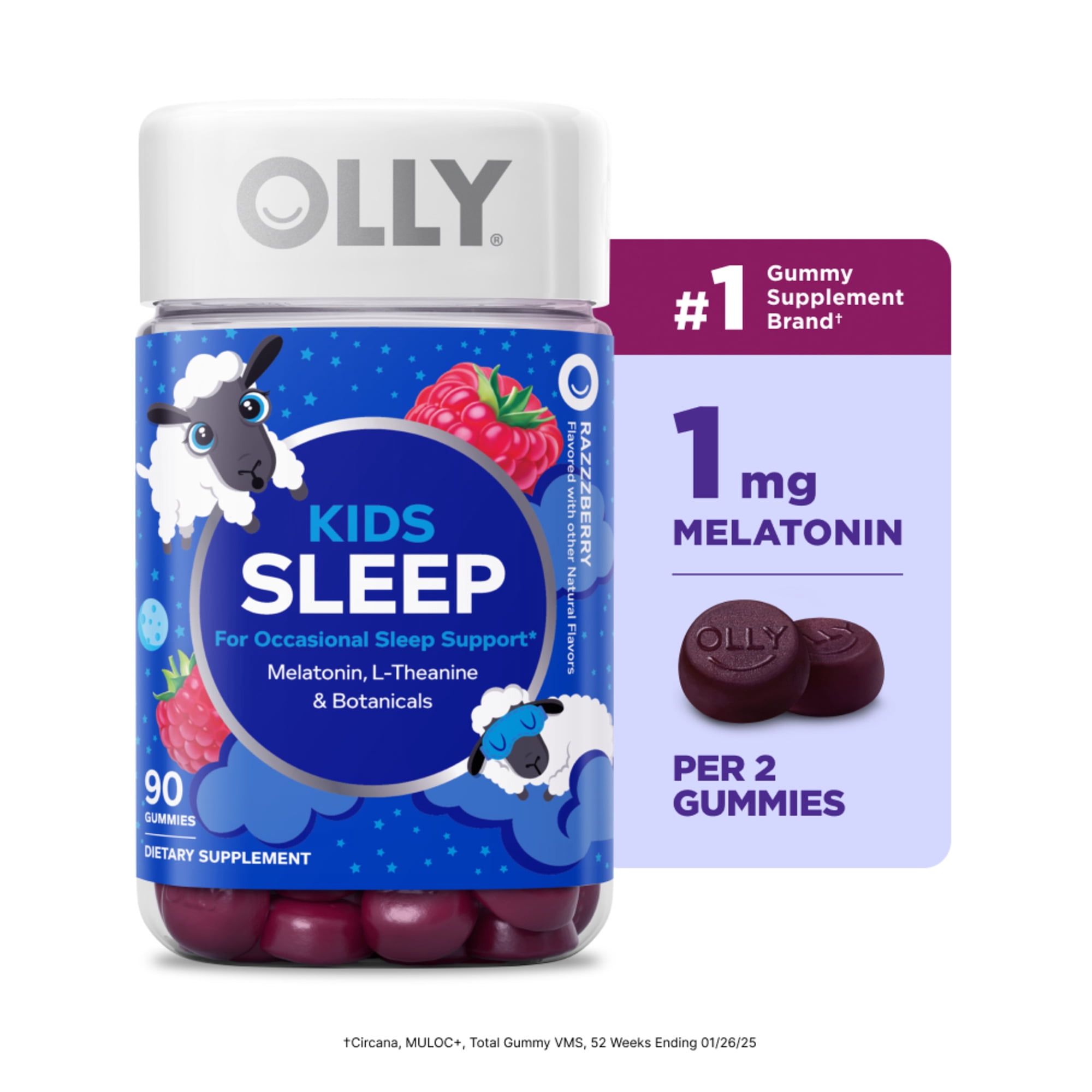 OLLY Kids Sleep Gummies Ages 4+, 1 mg Melatonin per 2 gummies serving, Occasional Sleep Support*, 90 Count