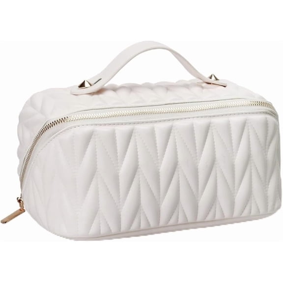 Plaid Checkered Cosmetic Bag,Large Capacity Toiletry Bag Organizer for Women with Waterproof Interior Pocket, Makeup Brush Bag Pouch-White