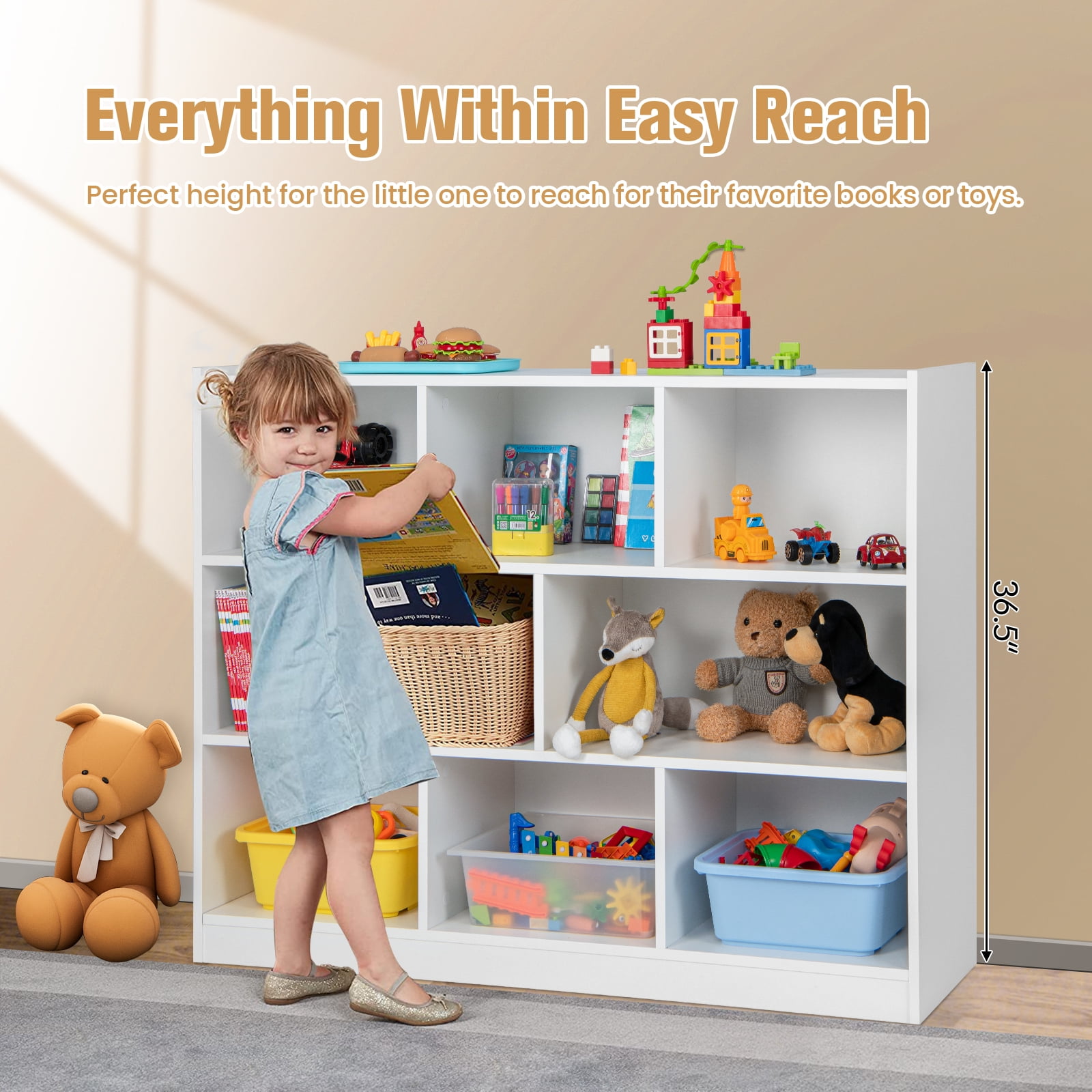 Topbuy Wood Storage Cube Bookcase 3 Tier 8 Cube Open Shelf Storage Cabinet with Anti-Toppling Devices Multipurpose Bookshelf White