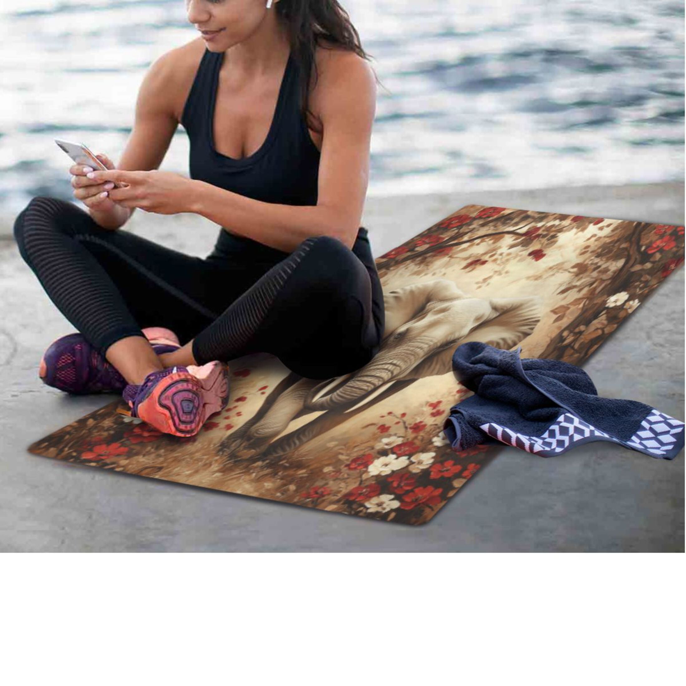 BZSMCE Yoga Mat Women Fitness Mat Graceful Elephant in Bloom Pattern