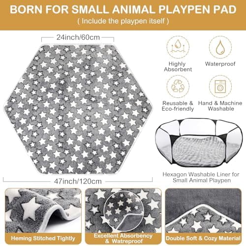 Hamster Playpen with Mat Small Animal Cage Tent Breathable Transparent Guinea Pig Playpen Waterproof Portable Yard Fence Mat Foldable Exercise Playpen Outdoor Indoor (Black,Star)