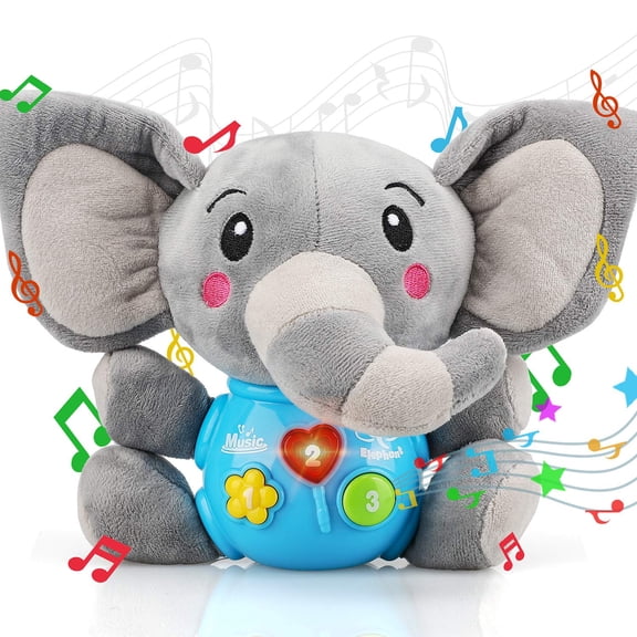 JBeeCtrl Toy for 1 Year Old Light Up Musical Elephant Plush Toy Soft Stuffed Animal with 12 Songs & Sound Effects 1st Birthday Shower Gift Easter Basket Stuffer