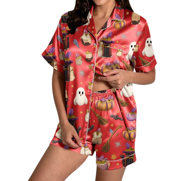 Pajamas for Women Pumpkin‑print Satin Short‑sleeve Nightwear Red Cute Pajamas L