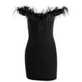 thumbnail image 2 of hirigin Women Mini Bodycon Dress Solid Color Plush Trim Splicing Boat-Neck Off-Shoulder Sleeveless Dress Summer Wrapped Hip Short Dress, 2 of 9