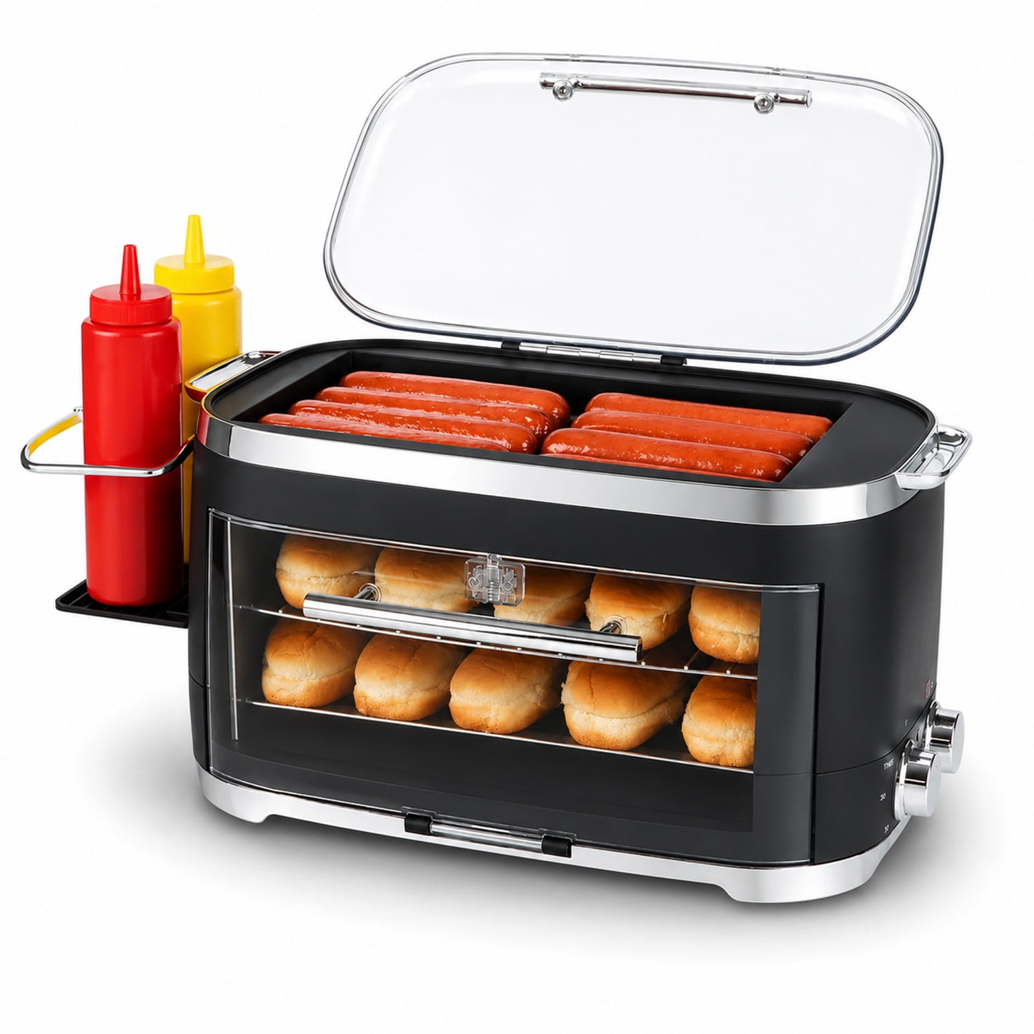 Hot Dog Roller Grill & Toaster Oven - Holds 8 Hot Dogs & 8 Buns, keep warm Option & Condiment Holder - Kitchen Appliance Hot Dog Cooker Machine - Hosting Party Essential, Unique Gifts Idea