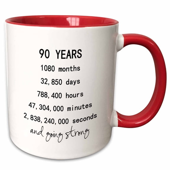 3drose, 90 Years in Months Days Hours Minutes and Going Strong 90th Birthday, 15oz Two-tone Red Mug