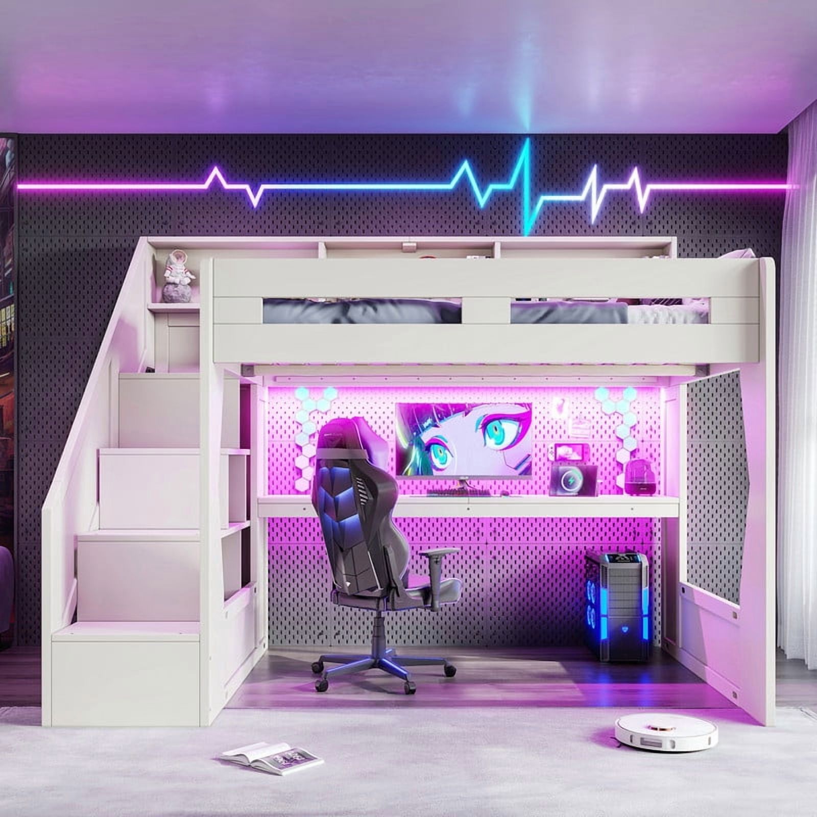 Full Size Teens Gaming Bed Frame with Storage Stair & Open Headboard Shelves, Wood Loft Bed with LED Light & Power Outlet Desk