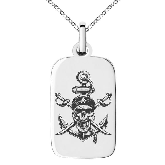 Tioneer Stainless Steel Pirate Skull Anchor & Cross Swords Engraved Small Rectangle Dog Tag Charm Pendant Necklace
