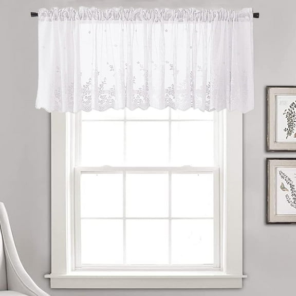 Floral Lace Valance Curtain Embroidery Semi Sheer Short Window Curtain for Kitchen Cafe Dinning Bath Room, 51x16inch