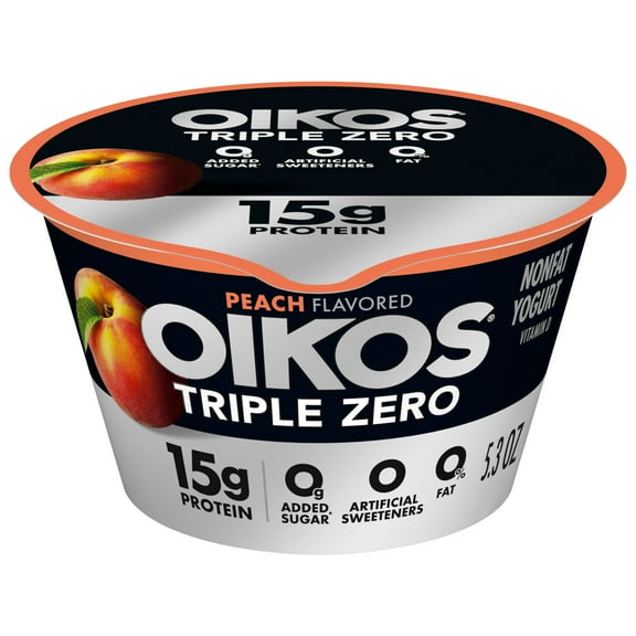 Oikos Triple Zero 15g Protein, 0g Added Sugar, Fat Free Peach Greek Yogurt Cup, 5.3 oz