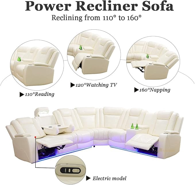 Gewnee Air Leather Power Recliner Sectional Sofa with Cup Holder, Oversize Sofa Couch for Living Room Home Office Theater,Wireless Charging