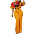 thumbnail image 2 of Wyongtao Women's 2 Piece Outfits V Neck Short Batwing Sleeve Ruched Tie Crop Top Split Flare Pants Printed Lounge Sets Yellow L, 2 of 7