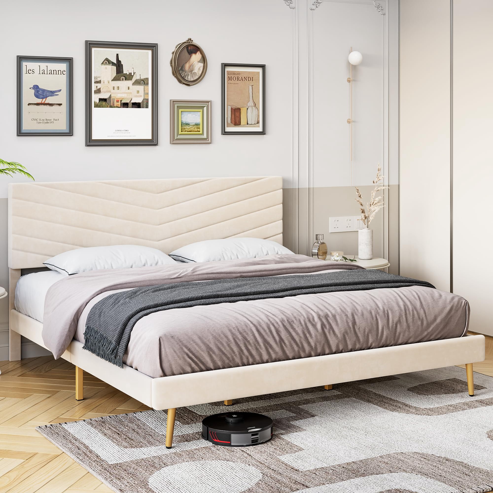Upholstered Bed Frame King Size, Velvet Bed Frame King with Adjustable Headboard, Platform Bed Frame and Headboard, Noise-Free, No Box Spring Needed