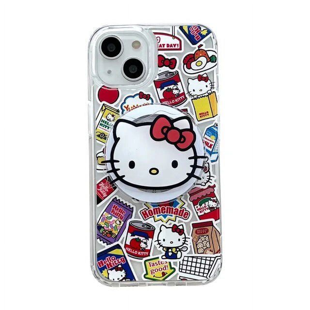for Magsafe Magnetic Wireless Charge Case For iPhone 13 12 11 14 15 Pro Max Cartoon Hello Kitty Transparent Cover with Support LXY