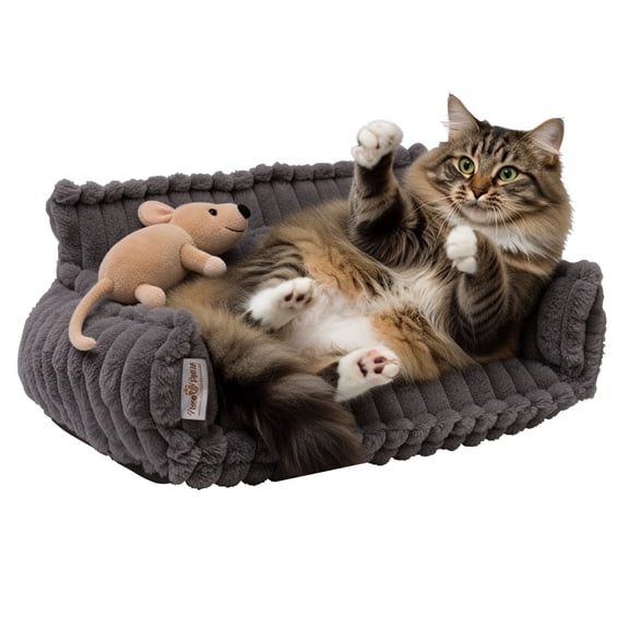 Paws & Purrs Grooved Pet Bed for Small to Medium Dogs or Cats, Soft Ribbed Corduroy-Style, Washable Cover, Non-Slip Base, Sofa Pet Lounger Includes Mini Play Cushion, Grey