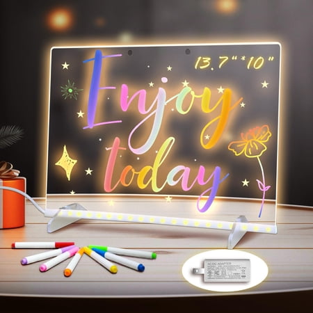 LED Note Board with Colors 13.7 X10 4 Modes &7 Colors Acrylic Dry Erase Boards with Light Include Adapter Hanging Chain Led Drawing Board for Kids with Stand 7 Markers Spray Bottle