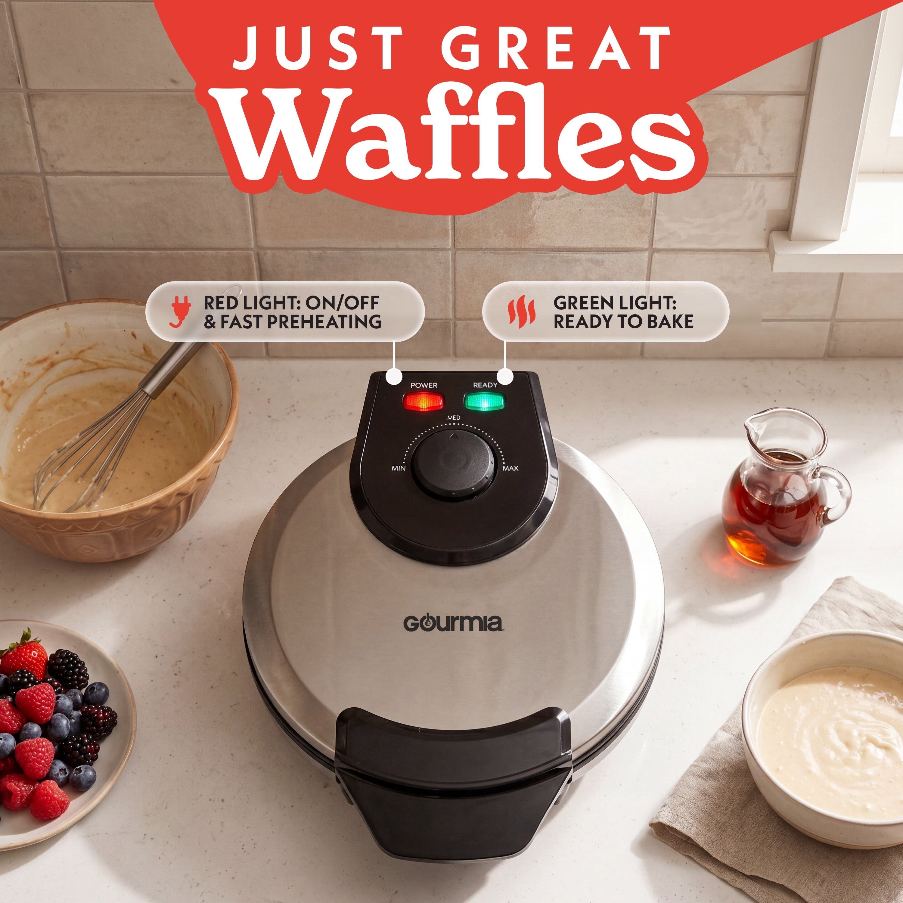 Gourmia Belgian Waffle Maker with Dual Heating, Nonstick Ceramic Plates & Browning Control