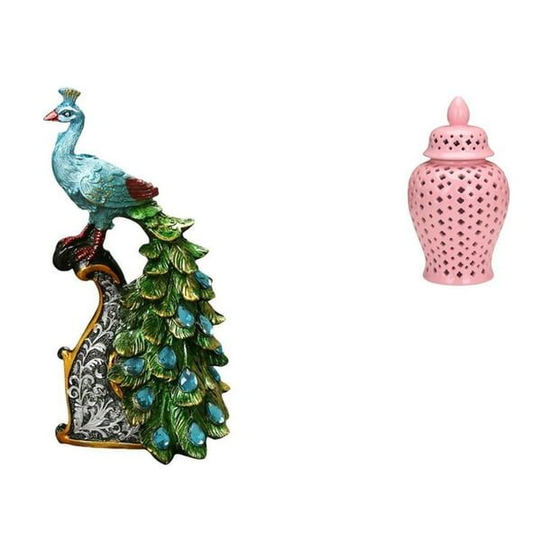Estatua de pavo real, figura de escritorio, tarro de cerámica para jengibre, jarrón decorativo, tarro de almacenamiento de porcelana con tapa,