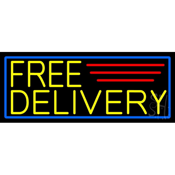 Yellow Free Delivery With Blue Border LED Neon Sign 13 x 32 - inches, Clear Edge Cut Acrylic Backing, with Dimmer - Bright and Premium built indoor LED Neon Sign for Bar decor.