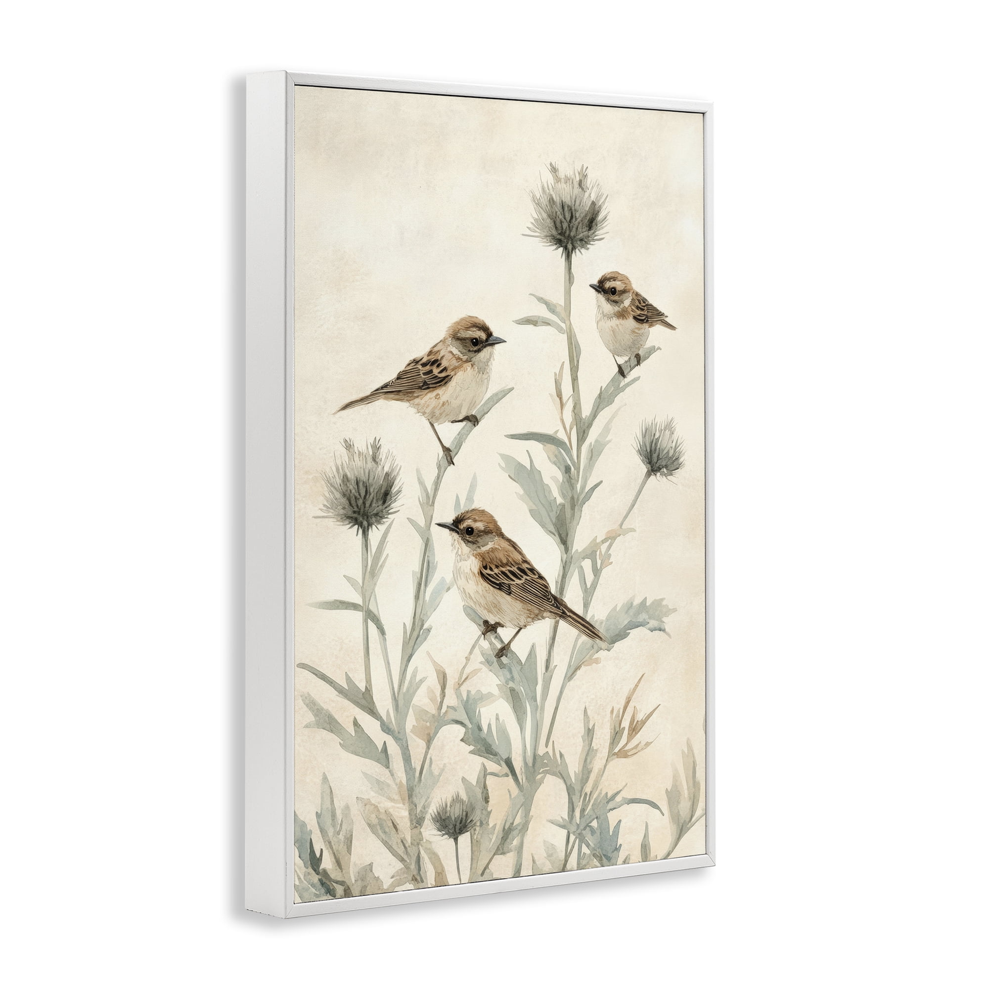 Stupell Industries Sparrows on Thistle Stems White Framed Giclee Art, design by Petal Prints Design