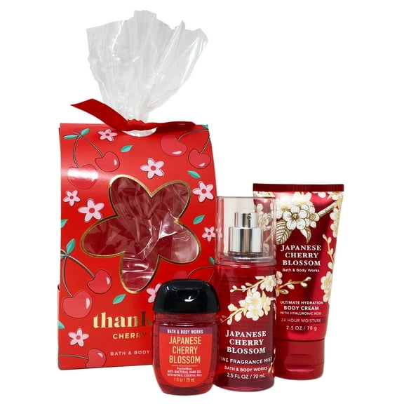 Bath & Body Works JAPANESE CHERRY BLOSSOM Mini Gift Set Travel Size - Fine Fragrance Mist, Body Cream, PocketBac Hand Sanitizer arranged in cello with a decorative wraparound