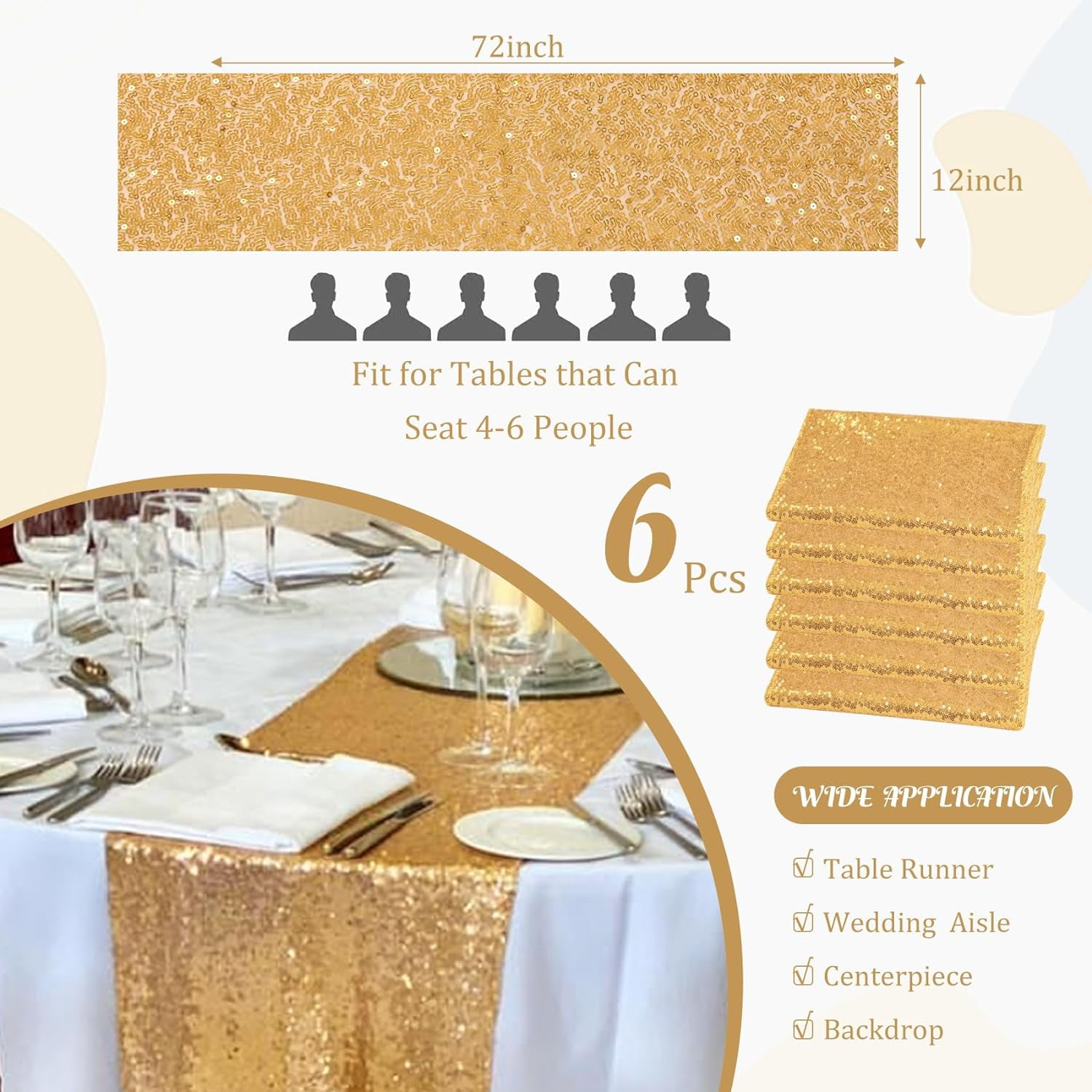 6 Pack Champagne Gold Sequin Table Runners 12" x 72" Sparkle Sequin Table Cloths for Wedding Party Banquet Bridal Shower Decorations