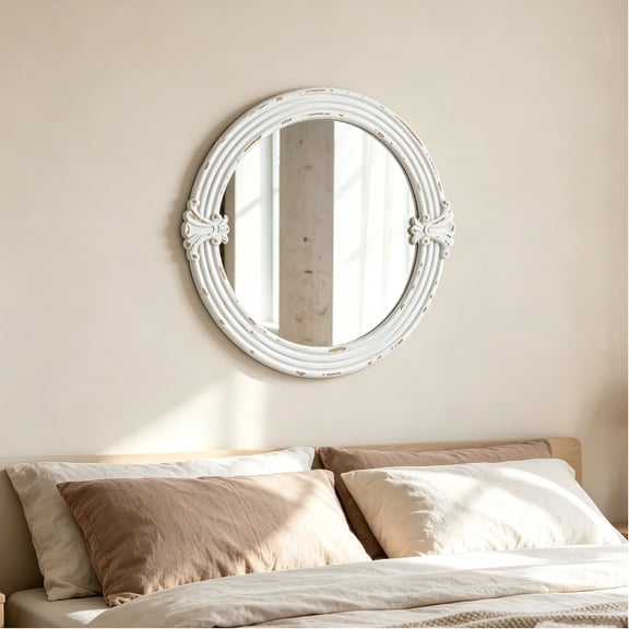 Round White Wood Mirror with Floral Carved Frame 20 inch - Rustic Wall Decor for Entryway, Bathroom, or Farmhouse
