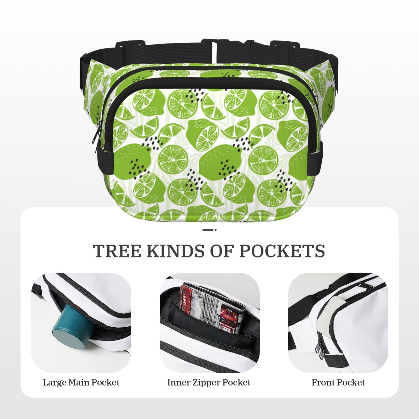Fuzoiu Green Various Lemons Print Unisex Square Double Layer Waist Bag,Crossbody Fanny Pack Travel Workout Accessory