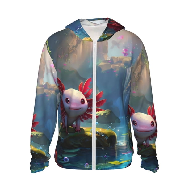 Fotbe Pond Cute Axolotl Chaqueta con Protección Solar UPF 50+ para Hombre y Mujer, Camisa con Capucha y Bolsillos-3X-Large